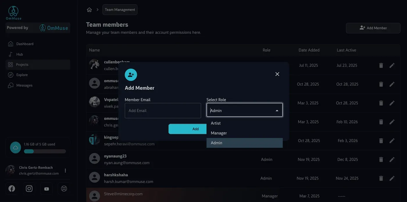 A team-members table listing roles and last-active dates, with an Add Member dialog selecting a role.
