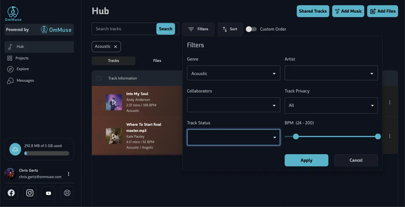 The Hub search panel filtering a catalog by genre, artist, collaborators, privacy, status, and BPM.