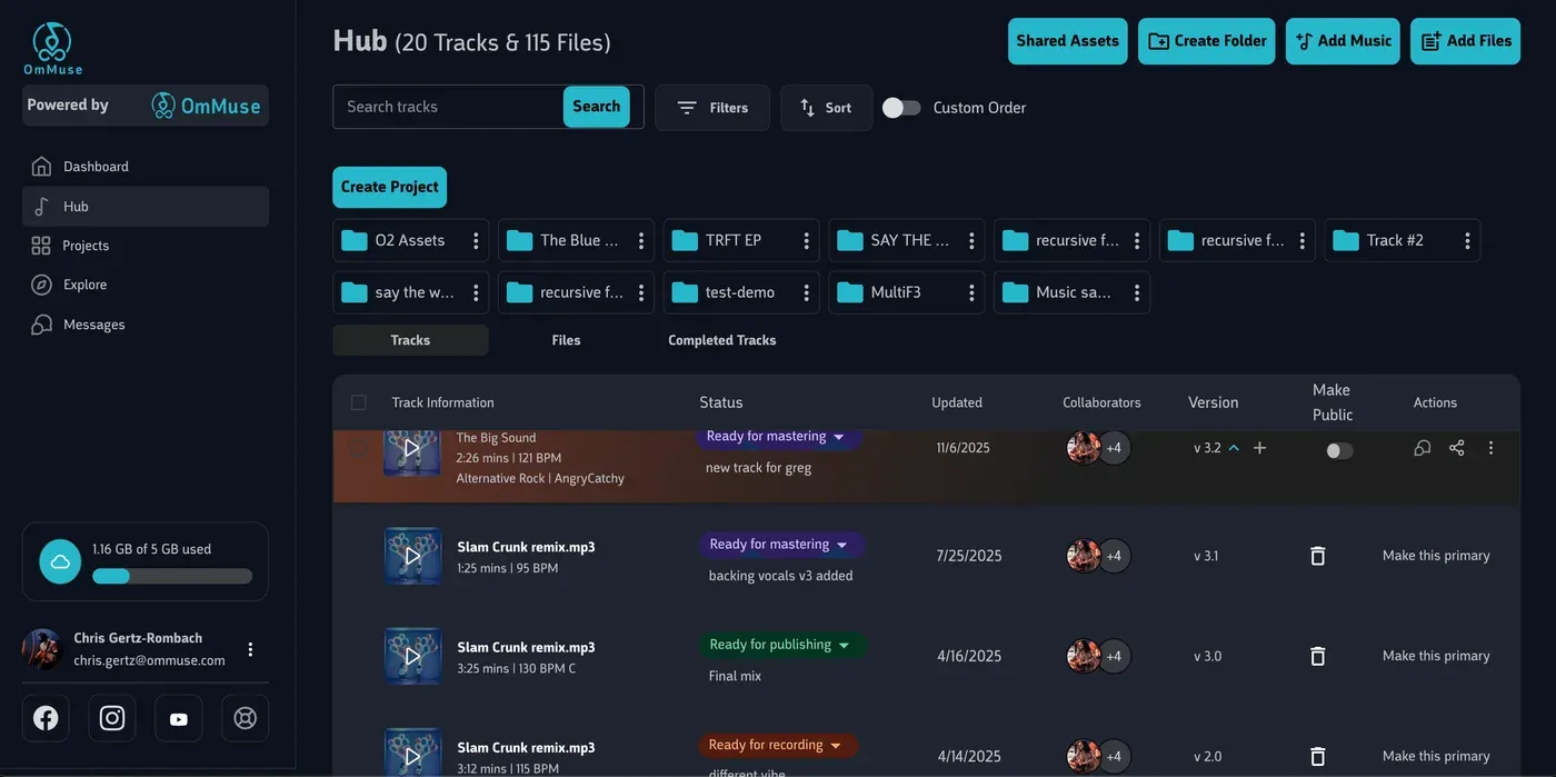 A Hub track list showing each track’s version number, status, and which version is primary.