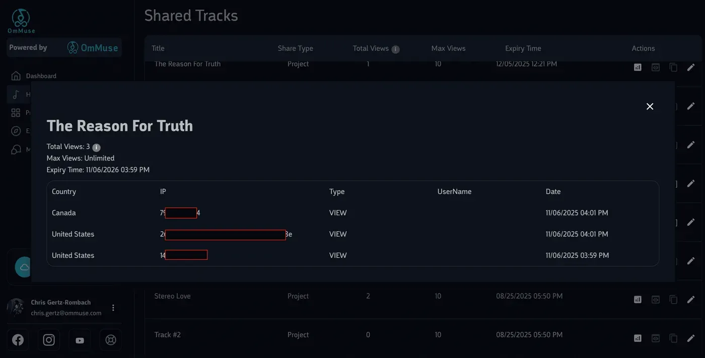 A Shared Tracks table with per-share expiry and view caps, and an access log of who opened a link.