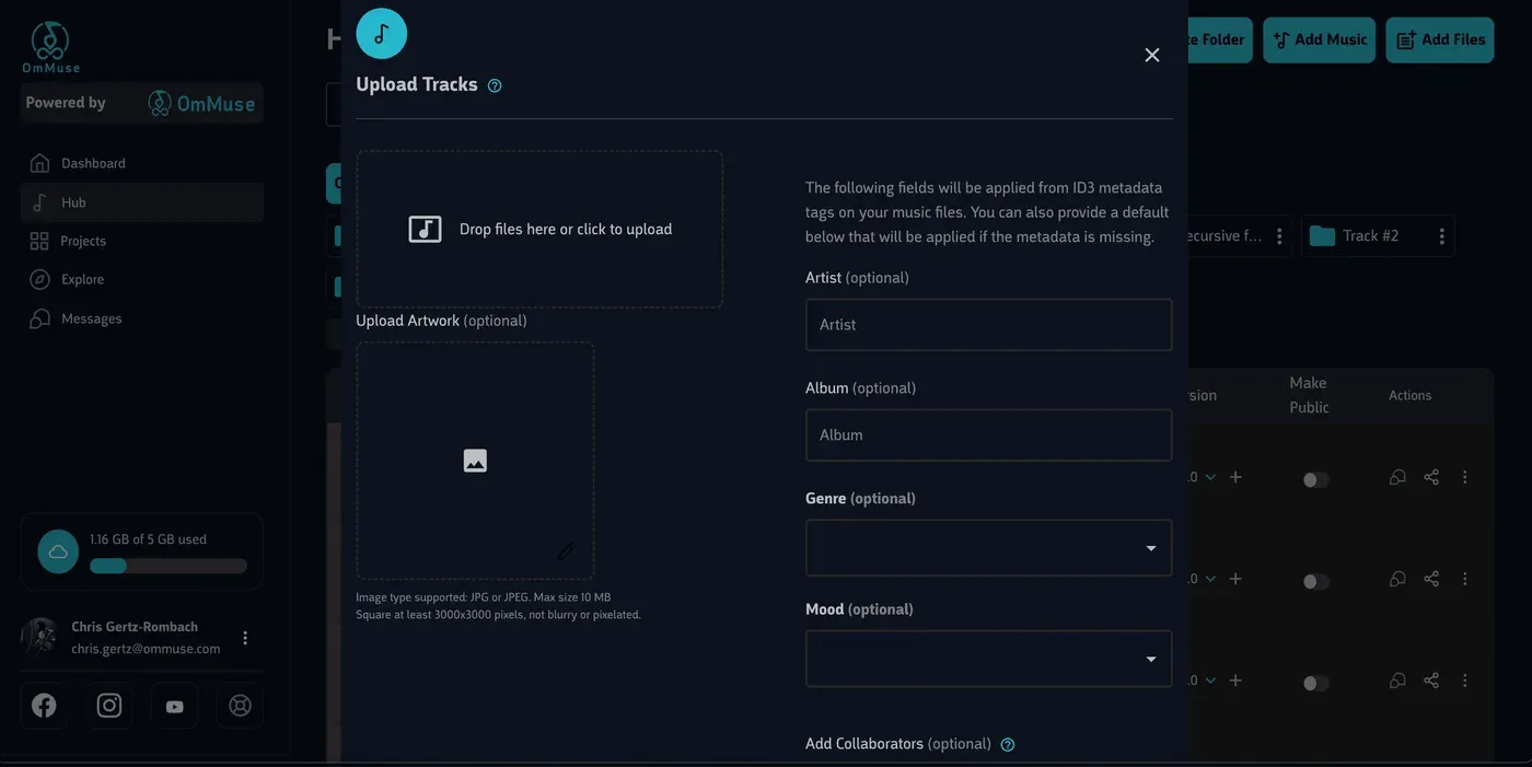 The bulk upload dialog, reading artist, album, genre, and mood from file metadata.