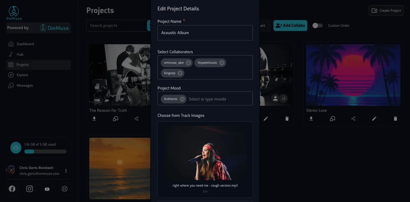 The project editor assigning collaborators to a project and setting its mood and artwork.