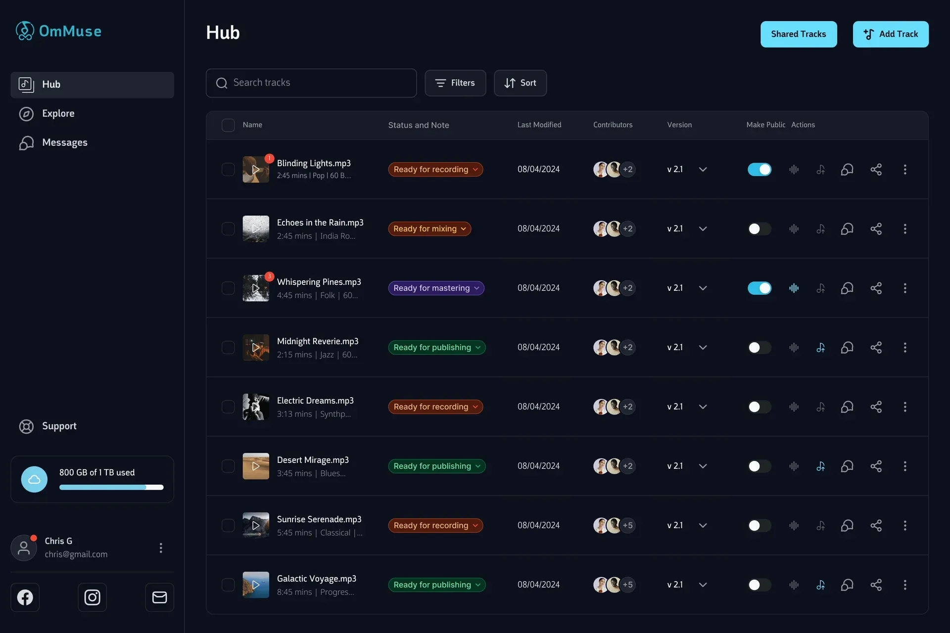The OmMuse workspace, showing a track library with versions, stems, and collaborators.