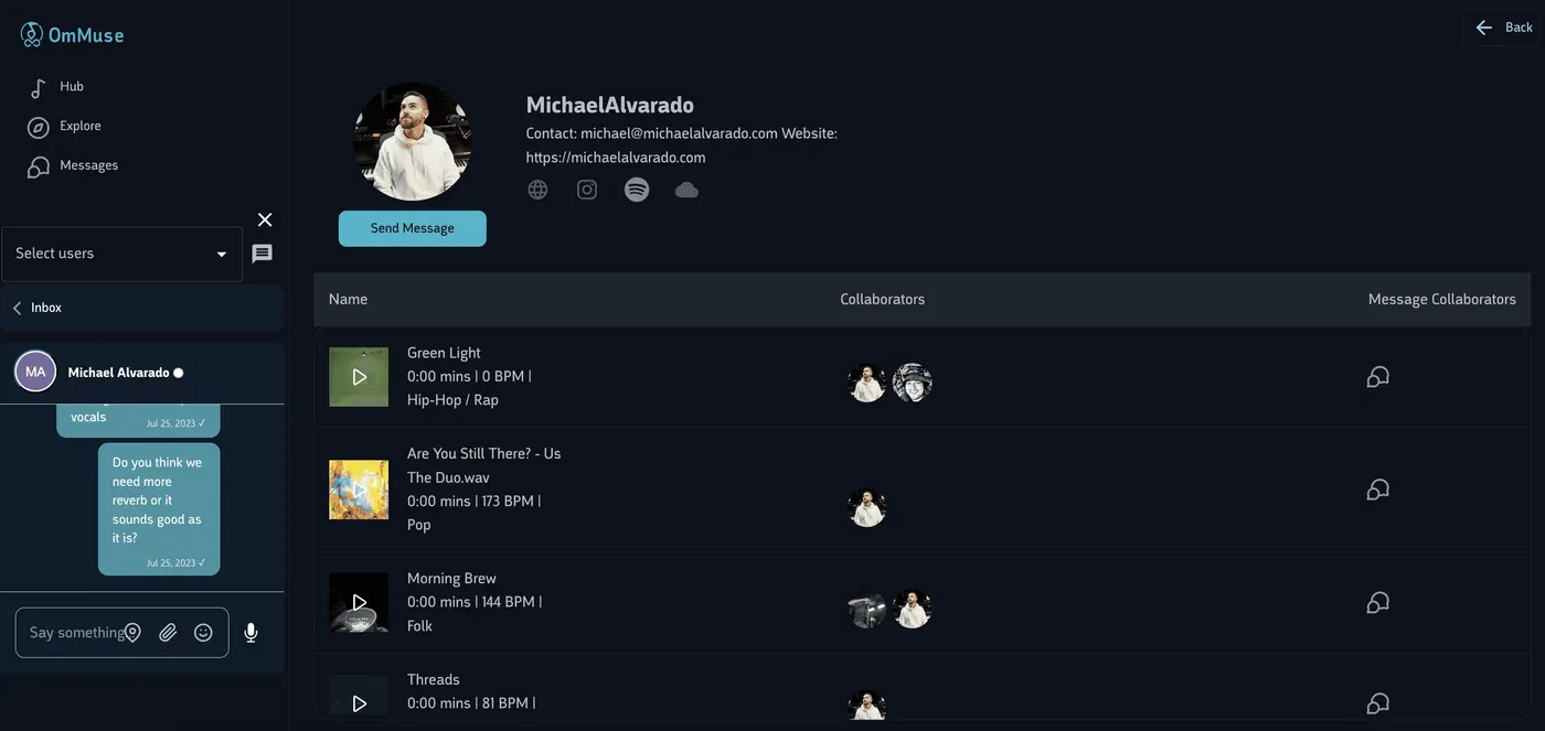 A collaborator’s profile beside a shared track list, with a chat panel open against one track.