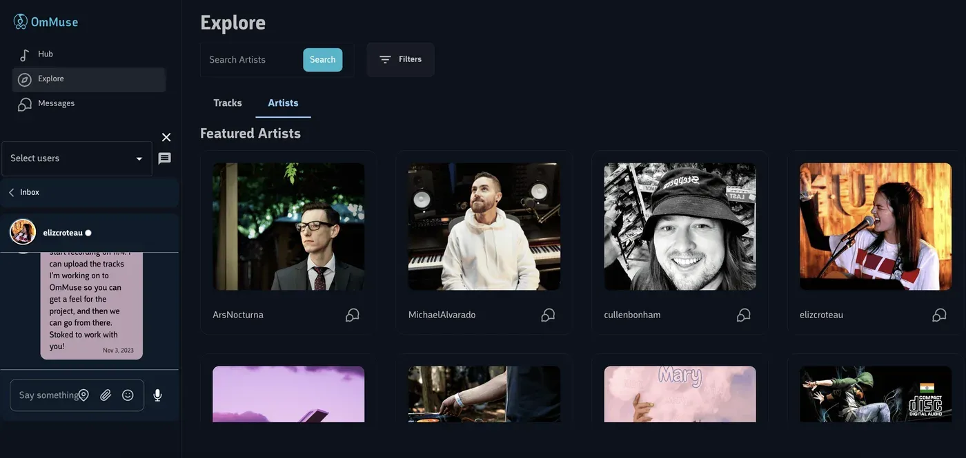 The Explore page filtered to Artists, showing a grid of featured collaborators.