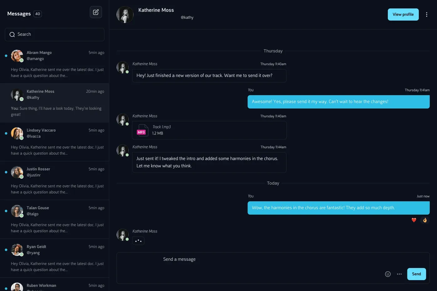 The OmMuse message centre: a conversation list beside a thread with an audio file attached.
