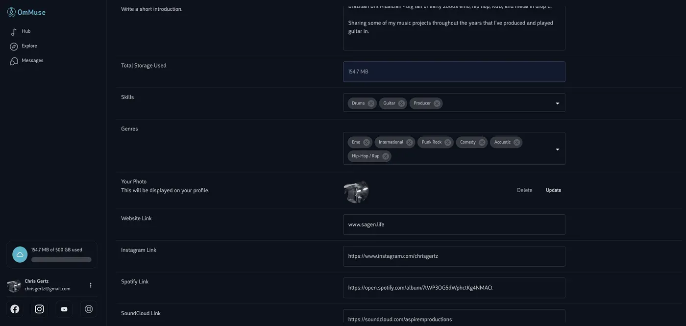 The profile editor, with fields for an introduction, skills, genres, photo, and streaming links.