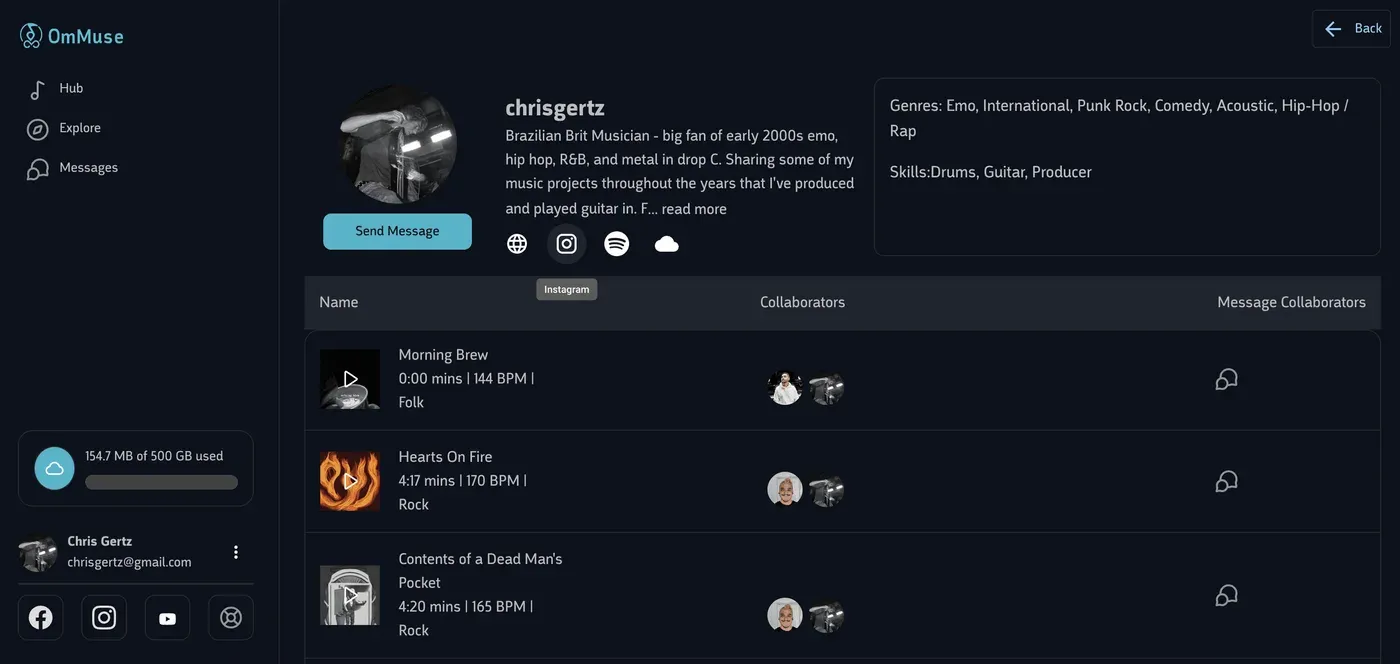 A public artist profile showing genres, skills, links, and tracks, with a Send Message button.