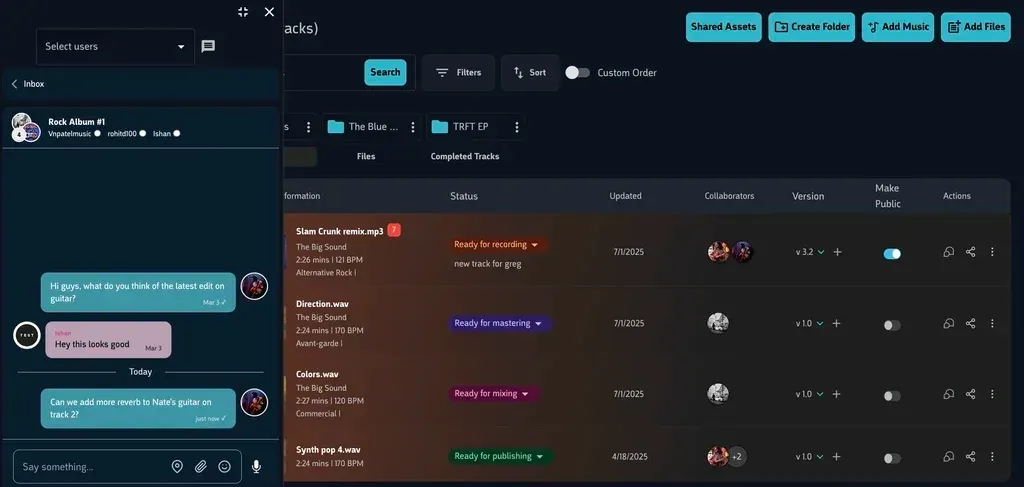 A Hub track list showing release statuses, beside a project conversation about a track revision.