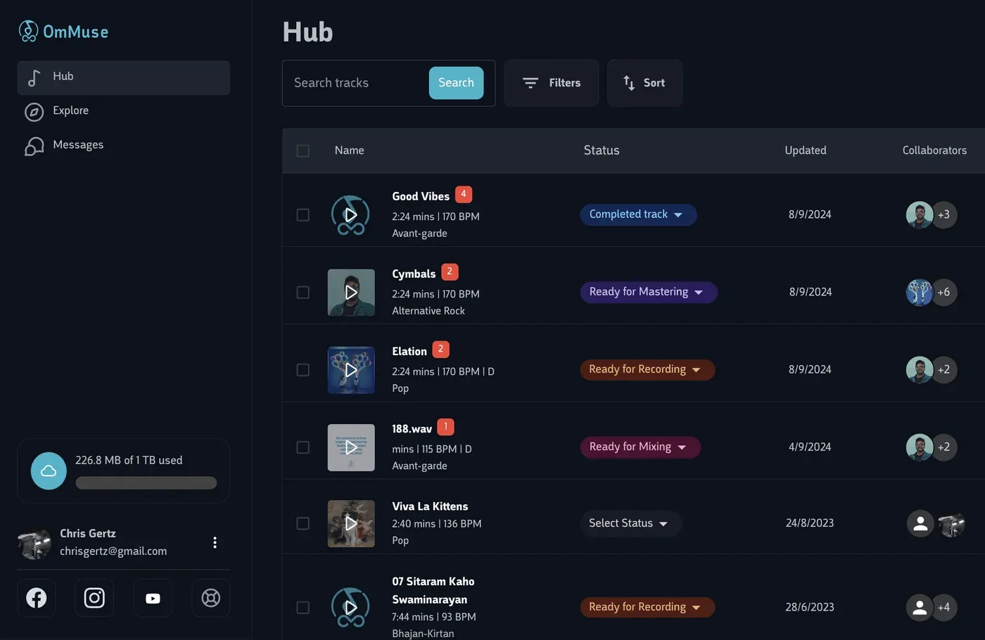 The OmMuse Hub listing a track library, with a storage meter showing 226.8 MB of 1 TB used.