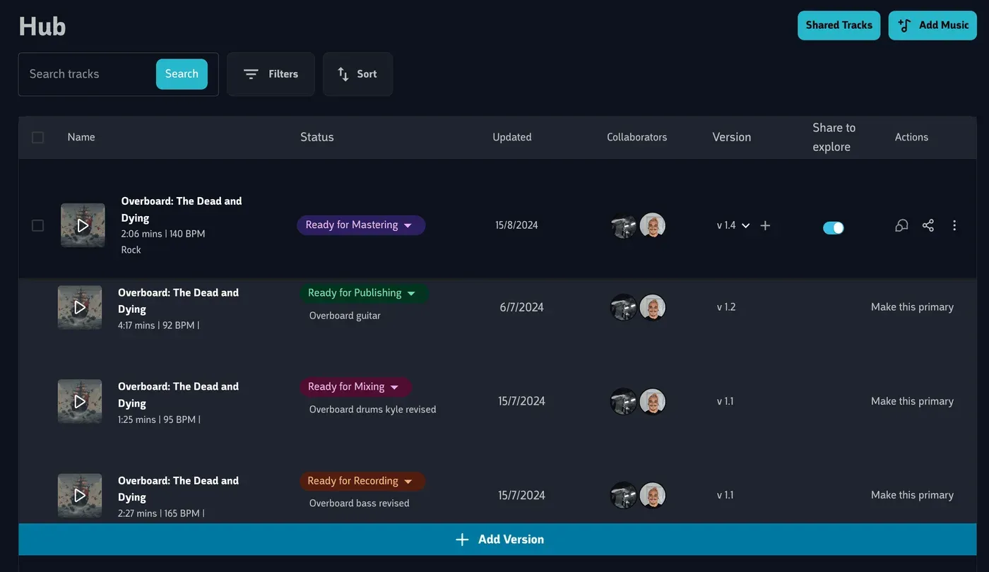 A track in the Hub expanded to four versions, each with its own status, and an Add Version control.