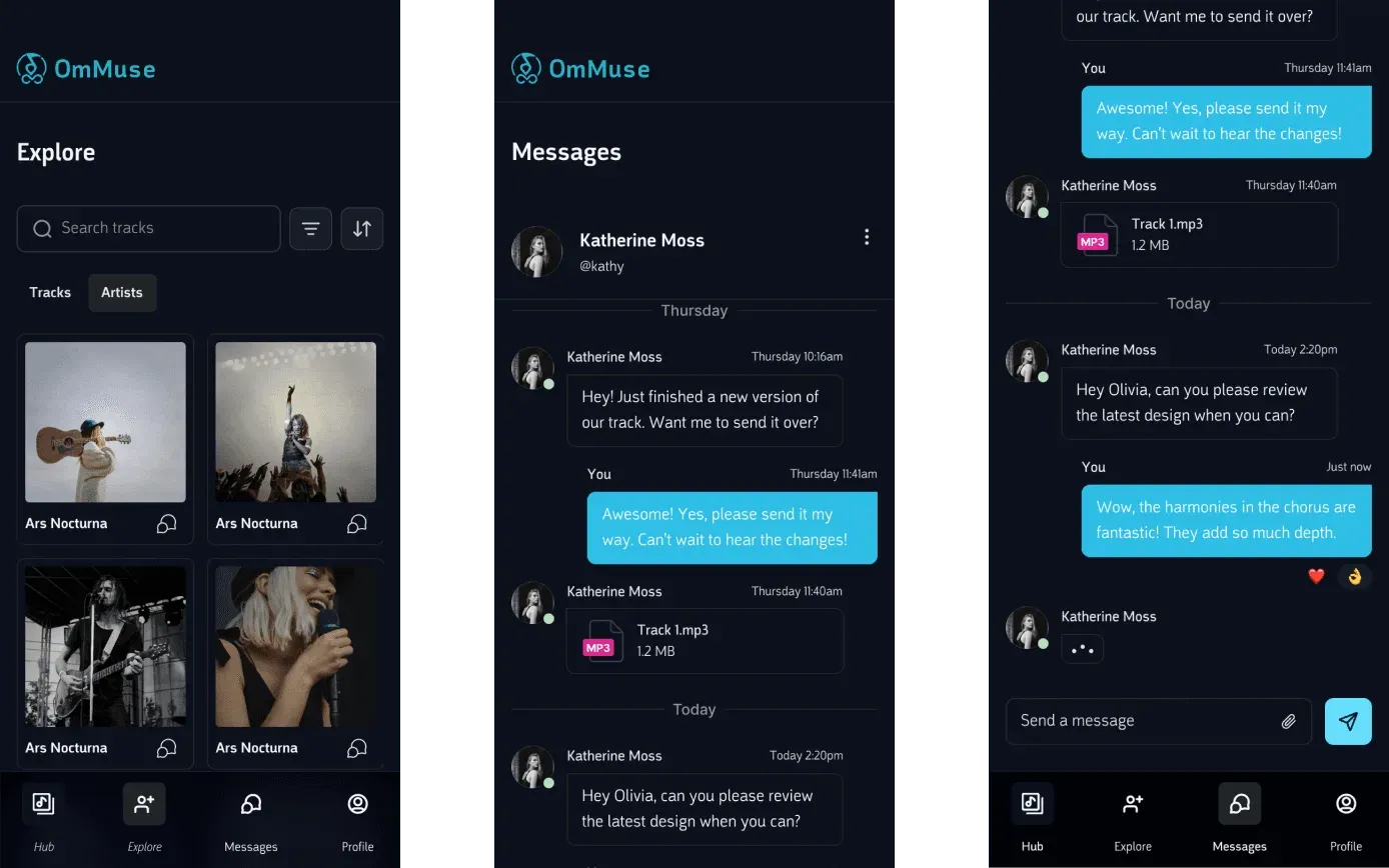 OmMuse on three phone screens: Explore, a message list, and a track conversation.